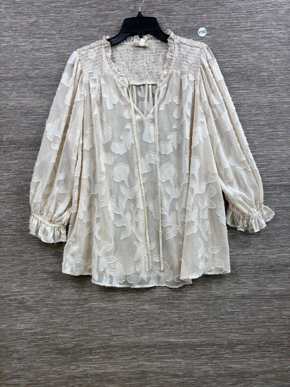 Peach Sheer Floral Blouse Womens Size 2XL Cream V-Neck 3/4 Sleeve Boho Casual